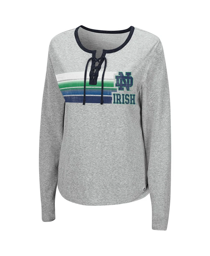 Women's Colosseum Heathered Gray Distressed Notre Dame Fighting Irish Sundial Tri-Blend Long Sleeve Lace-Up T-shirt