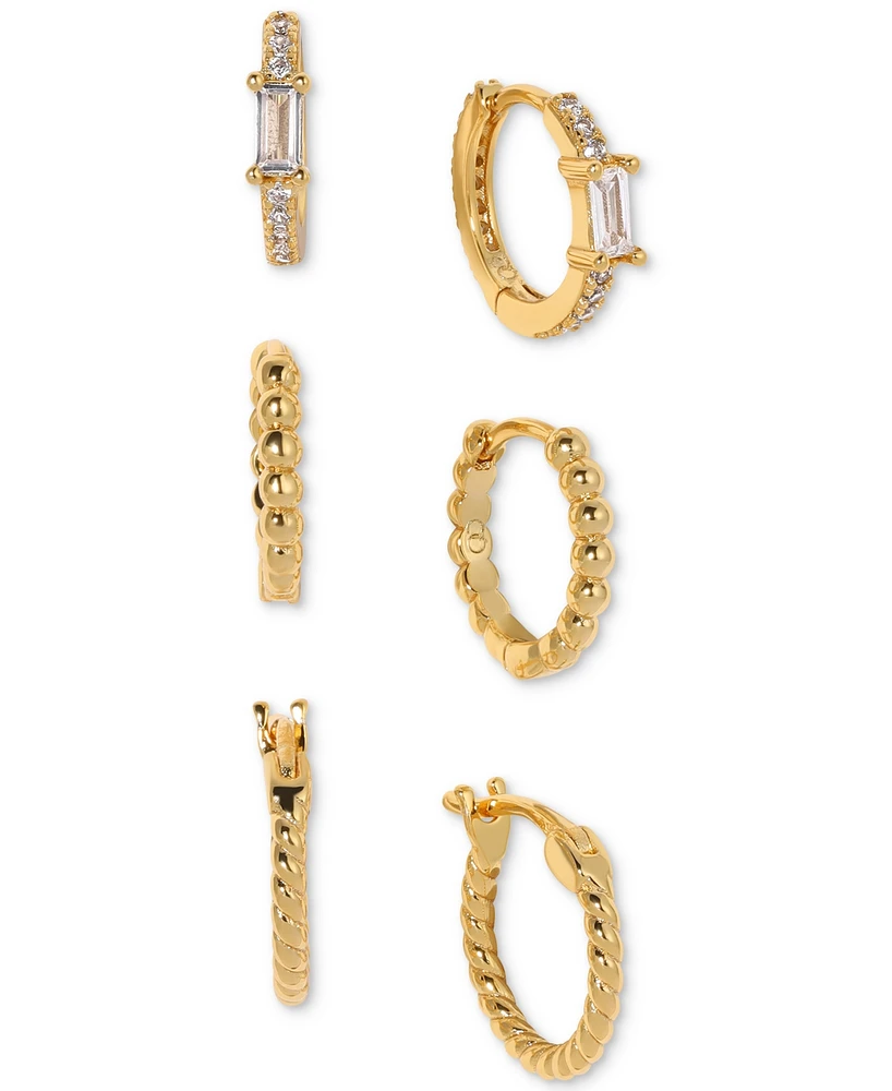 Girls Crew 18k Gold-Plated 3-Pc. Set Small Crystal & Textured Hoop Earrings, 0.5"