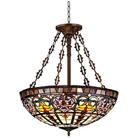 Robert Louis Tiffany Ornamental Bronze Tiffany Style Pendant Chandelier Lighting 24" Wide Stained Glass Bowl 4-Light Fixture for Dining Room House Ent