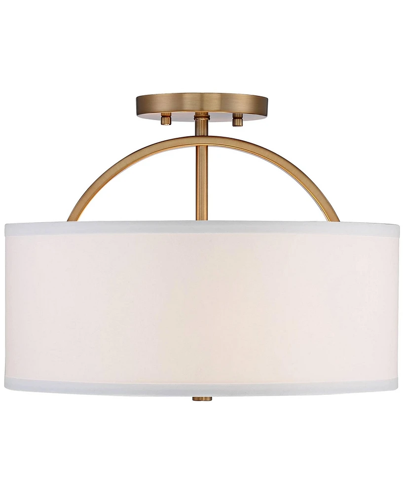 Possini Euro Design Halsted Modern Industrial Close To Ceiling Light Semi Flush Mount Fixture 15" Wide Warm Brass Gold White Linen Drum Shade for Bedr