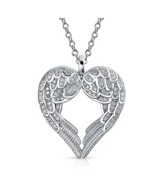 Bling Jewelry Pave Cubic Zirconia Cz Heart Kissing Feather Guardian Angel Wing Dangling Pendant Necklace Sterling Silver