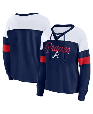 Women's Fanatics Navy, White Atlanta Braves Even Match Lace-Up Long Sleeve V-Neck T-shirt