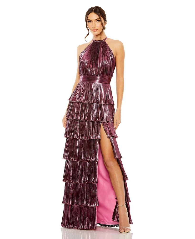 Mac Duggal Women's Ieena Heat Pleated Tiered Ruffle Metallic Gown