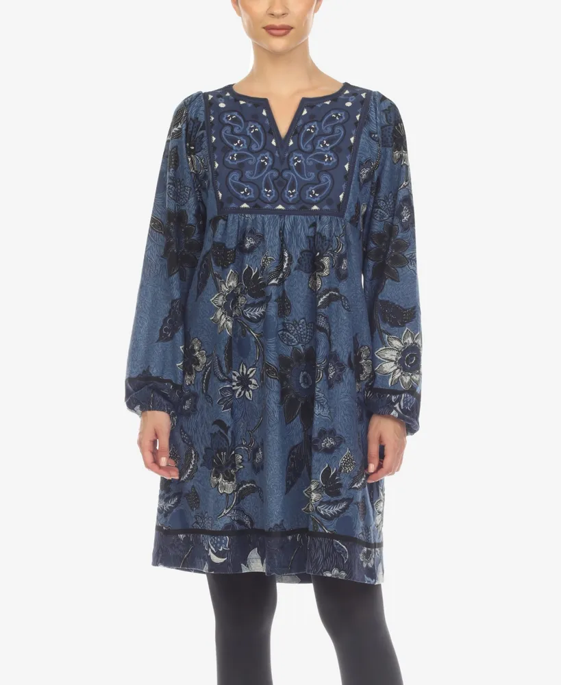 White Mark Women's Paisley Flower Embroidered Sweater Dress