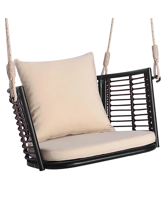 Patio Hanging Rattan Basket Chair Swing Hammock with Seat Cushion