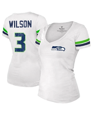 Women's Fanatics Russell Wilson White Distressed Seattle Seahawks Fashion Player Name and Number V-Neck T-shirt