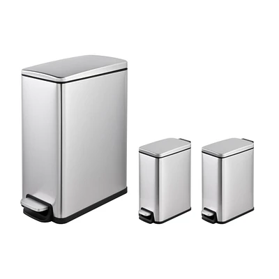 11.9 Gallon/ 45 Liter + Two 1.6 Gallon/6 Liter Rectangular Step-on Trash Can Set For Bathroom and Kitchen