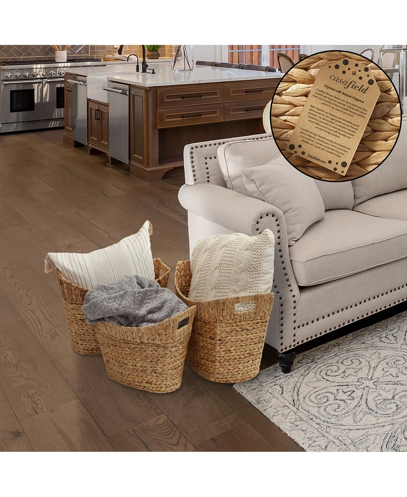 Casafield Set of 3 Oval Baskets with Handles - Natural, Water Hyacinth Woven Storage Totes for Blankets, Laundry, Bathroom, Bedroom, Living Room