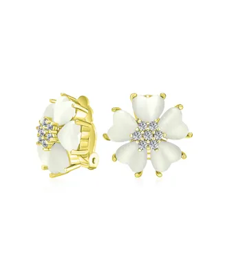Bling Jewelry Romantic Natural Cat Eye Button-Style Heart-Shaped Petals Flower Clip-On Earrings Yellow Gold Plated