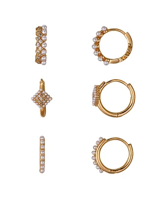 Unwritten 14K Gold Flash Plated Cubic Zirconia and White Imitation Pearl Hoop 6-Piece Earring Set
