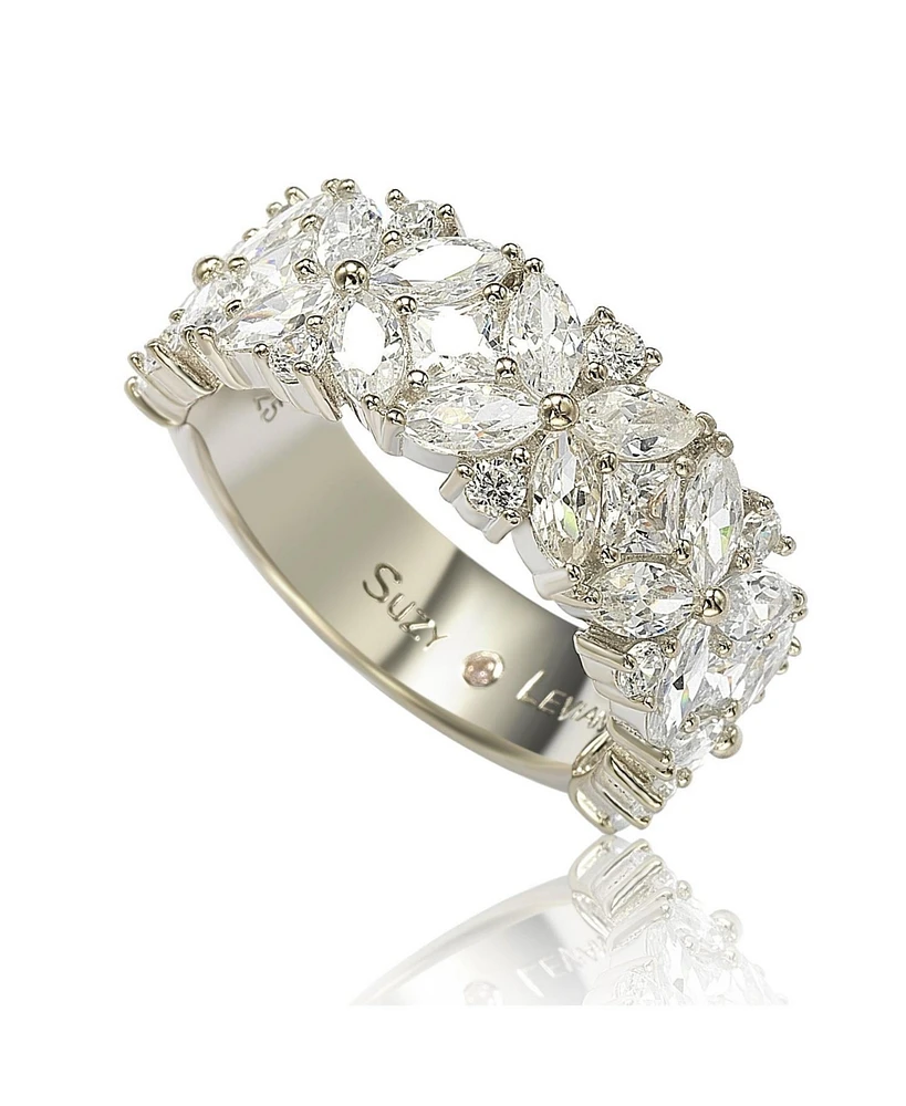 Suzy Levian Sterling Silver Multi-Cut Cubic Zirconia Floral 3/4 Eternity Ring