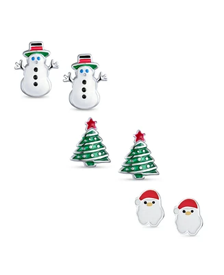 Bling Jewelry Set of 3 Small Holiday Winter Santa Claus Christmas Tree Snowman Stud Earrings