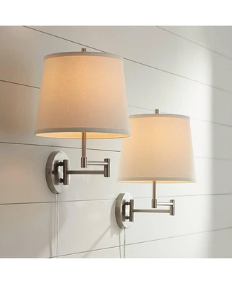 Oray Modern Swing Arm Wall Lamps Set of 2 Brushed Nickel Plug-In Light Fixture Dimmable Off White Drum Shade for Bedroom Bedside House Reading Living
