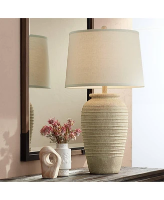 Austin Country Cottage Southwest Style Jug-Shaped Table Lamp 28" Tall Sand Tone Desert Ridged Cream Linen Drum Shade for Living Room Bedroom House Bed