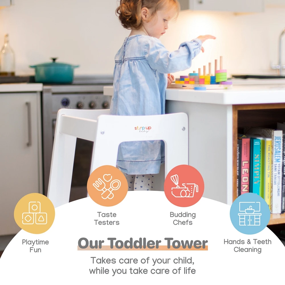Stepup Baby Toddler Tower with Adjustable Step, White Montessori-Inspired Toddler Step Stool, Standing Tower for Kids, Fits Under Kitchen Counters, Ad
