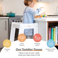 Stepup Baby Toddler Tower with Adjustable Step, White Montessori-Inspired Toddler Step Stool, Standing Tower for Kids, Fits Under Kitchen Counters, Ad