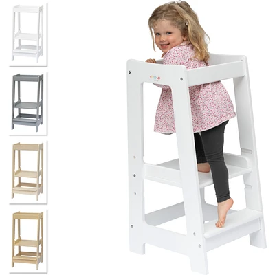 Stepup Baby Toddler Tower with Adjustable Step, White Montessori-Inspired Toddler Step Stool, Standing Tower for Kids, Fits Under Kitchen Counters, Ad