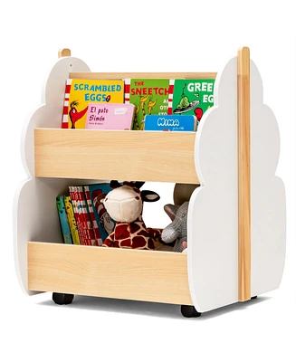 Kids Wooden Bookshelf with Wheels 2-Tier Toy Storage Shelf Double-sided Bookcase