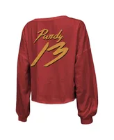 Women's Majestic Threads Brock Purdy Scarlet Distressed San Francisco 49ers Name and Number Script Off-Shoulder Cropped Long Sleeve T-shirt