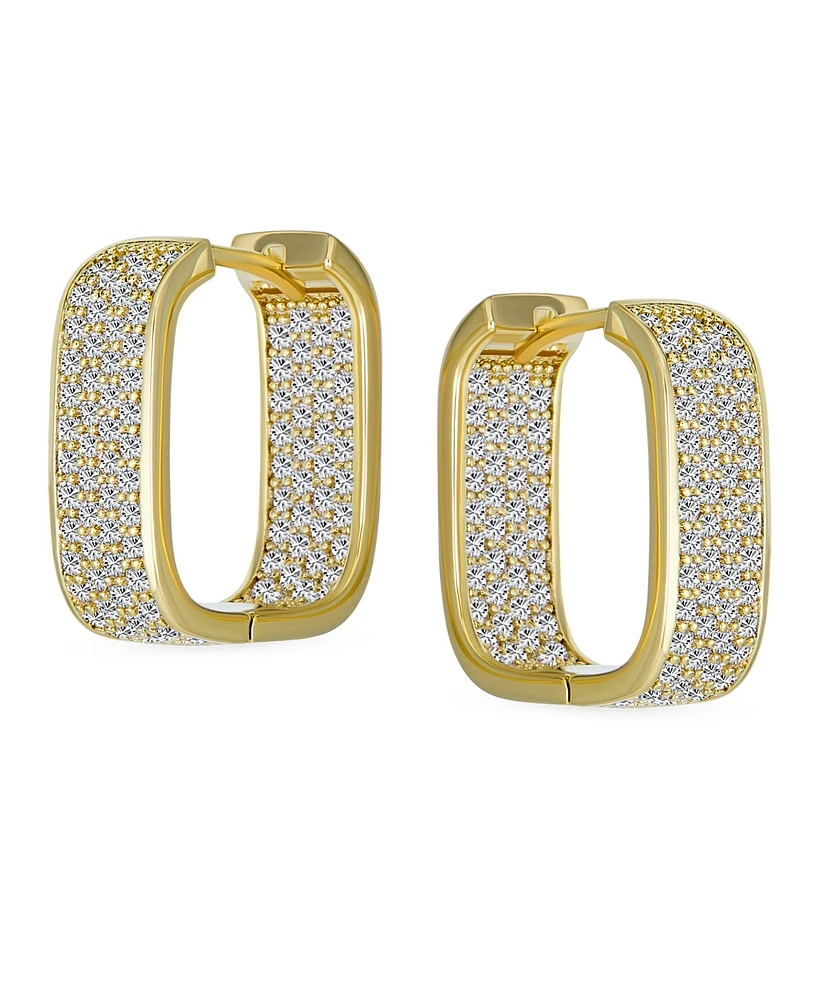 Bling Jewelry Micro Pave Cz Inside Out Wide Rectangle Square Huggie Hoop Earrings Prom Formal Party Yellow Gold Plated Hinge Style