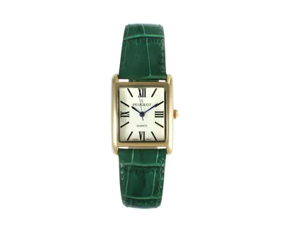 Peugeot Women's Tank Watch Roman Dial Green Leather Strap