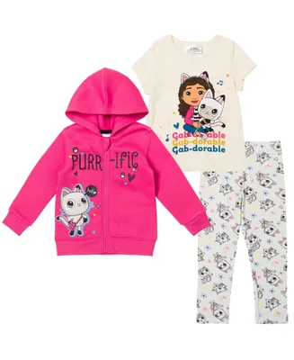 Gabby's Dollhouse Little Girls Dreamworks Gabbys Pandy Paws Zip Up Fleece Hoodie Graphic T-Shirt and Leggings 3 Piece Outfit Set Toddler|Chi