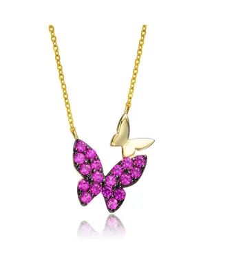GiGiGirl Sterling Silver 14k Yellow Gold Plated with Red Cubic Zirconia Double Butterfly Layering Necklace