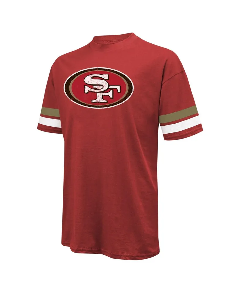 Men's Majestic Threads Nick Bosa Scarlet Distressed San Francisco 49ers Name and Number Oversize Fit T-shirt