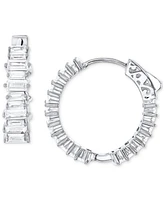 Cubic Zirconia Baguette Small Hoop Earrings in Sterling Silver, 0.79"