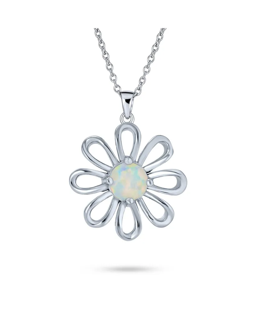 Bling Jewelry White Rainbow Opal Daisy Flower Pendant Necklace Sterling Silver October Stone