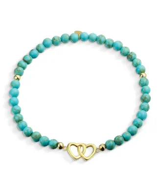 Bling Jewelry Interlocking Hearts Bff Synthetic Compressed Turquoise Strand Bead Stretch Bracelet Gold Plated Sterling Silver