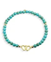 Bling Jewelry Interlocking Hearts Bff Synthetic Compressed Turquoise Strand Bead Stretch Bracelet Gold Plated Sterling Silver