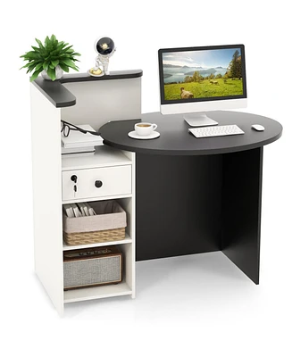 Front Reception Office Desk with Open Shelf and Lockable Drawer for Organized Secure Workspace