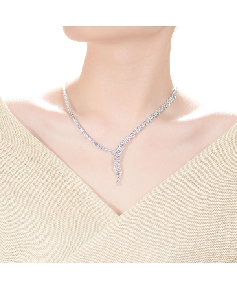 Sterling Silver White Gold Plated with Clear Round Cubic Zirconia Cluster Necklace