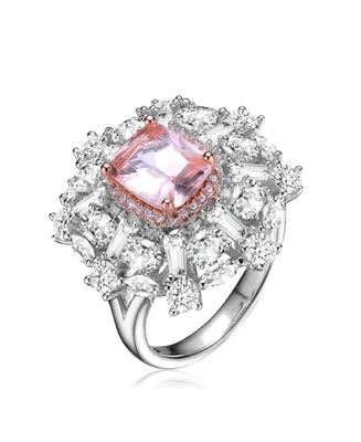 Sterling Silver White Gold Plated with Square Pink and Cubic Zirconia's Petals Flower Ring
