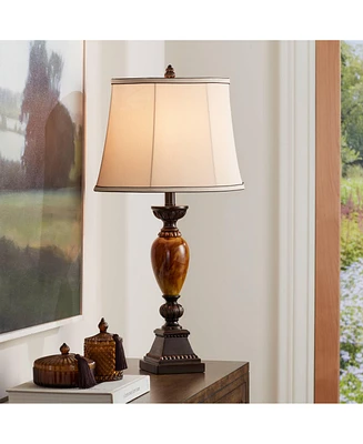 Mulholland Traditional Table Lamp 30" Tall Brown Gold Faux Marble Aged Bronze Off-White Fabric Oval Shade Decor for Bedroom Living Bedside Nightstand