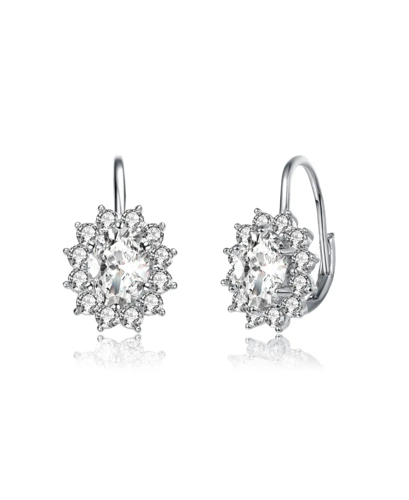 White Gold Plated with Cubic Zirconia Hibiscus Flower Cluster Drop Earrings with Leverback
