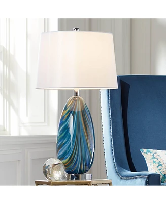 Pablo Modern Table Lamp 27" Tall Swirling Multi Color Blue Hand Blown Art Glass Metal White Tapered Drum Shade Decor for Living Room Bedroom House Bed