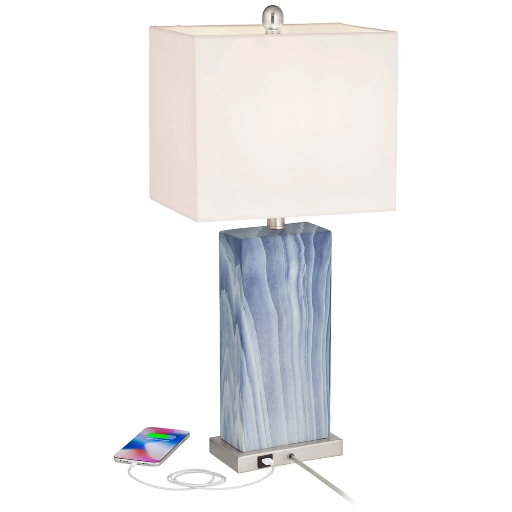 Connie Modern Table Lamps 25" Tall Set of 2 with Usb Charging Ports Blue Faux Marble White Rectangular Shade for Bedroom Living Room House Desk B