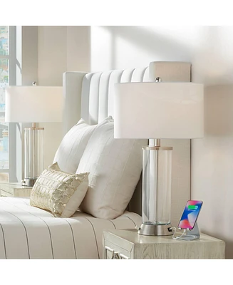 Watkin Modern Table Lamps 27.5" Tall Set of 2 Led with Usb and Ac Power Outlet in Base Dimmable Clear Glass Column White Drum Shade for Living Ro