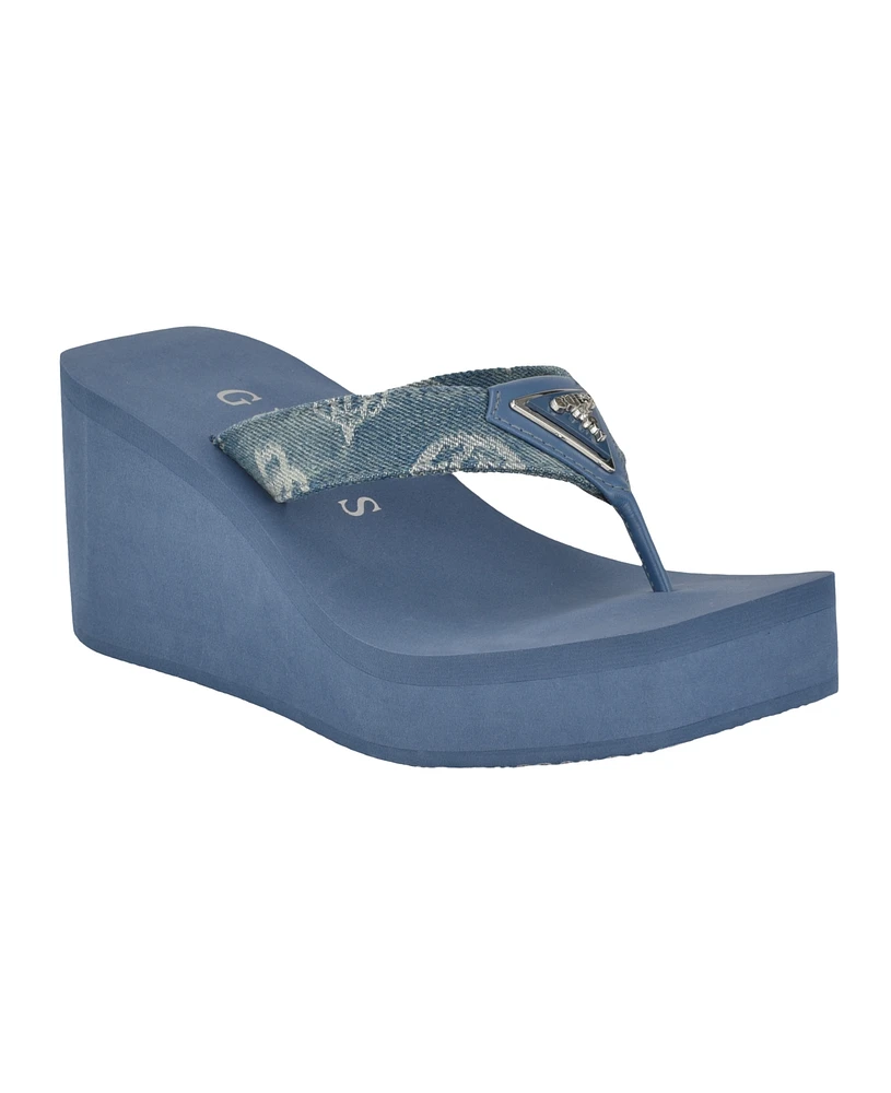 Guess Women's Demmey Logo Thong Square Toe Wedge Sandals - Dark Blue Denim