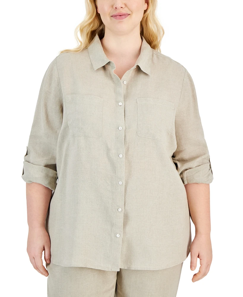 Charter Club Plus 100% Linen Roll-Tab Shirt, Exclusively at Macy's