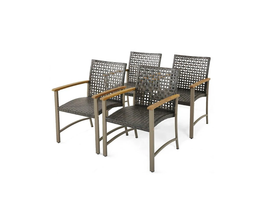 Set of 4 Patio Rattan Dining Chairs with Acacia Wood Armrests