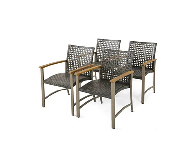 Set of 4 Patio Rattan Dining Chairs with Acacia Wood Armrests