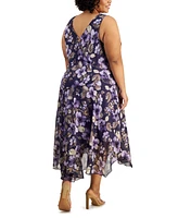 Connected Plus Size Printed Surplice-Neck Handkerchief-Hem Dress