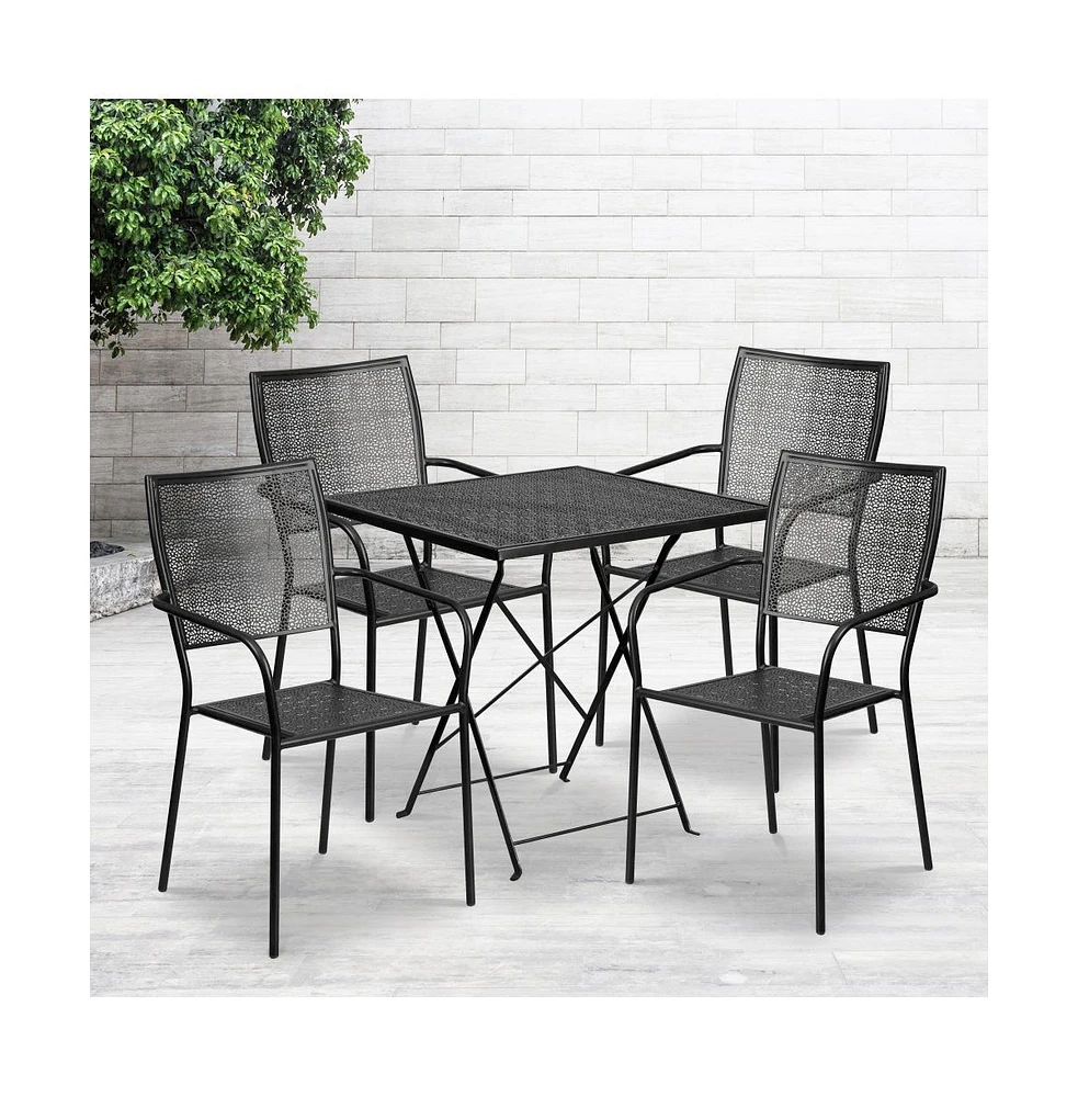 Commercial 28" Square Metal Folding Patio Table Set W/ 4 Back Chairs