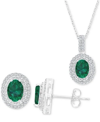 2-Pc. Set Lab-Grown Emerald (2-5/8 ct. t.w.) & Lab-Grown White Sapphire (1-1/10 ct. t.w.) Oval Halo Pendant Necklace & Matching Stud Earrings in Sterl