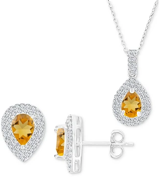 2-Pc. Set Citrine (1-7/8 ct. t.w.) & Lab-Grown White Sapphire (1 ct. t.w.) Teardrop Halo Pendant Necklace & Matching Stud Earrings in Sterling Silver