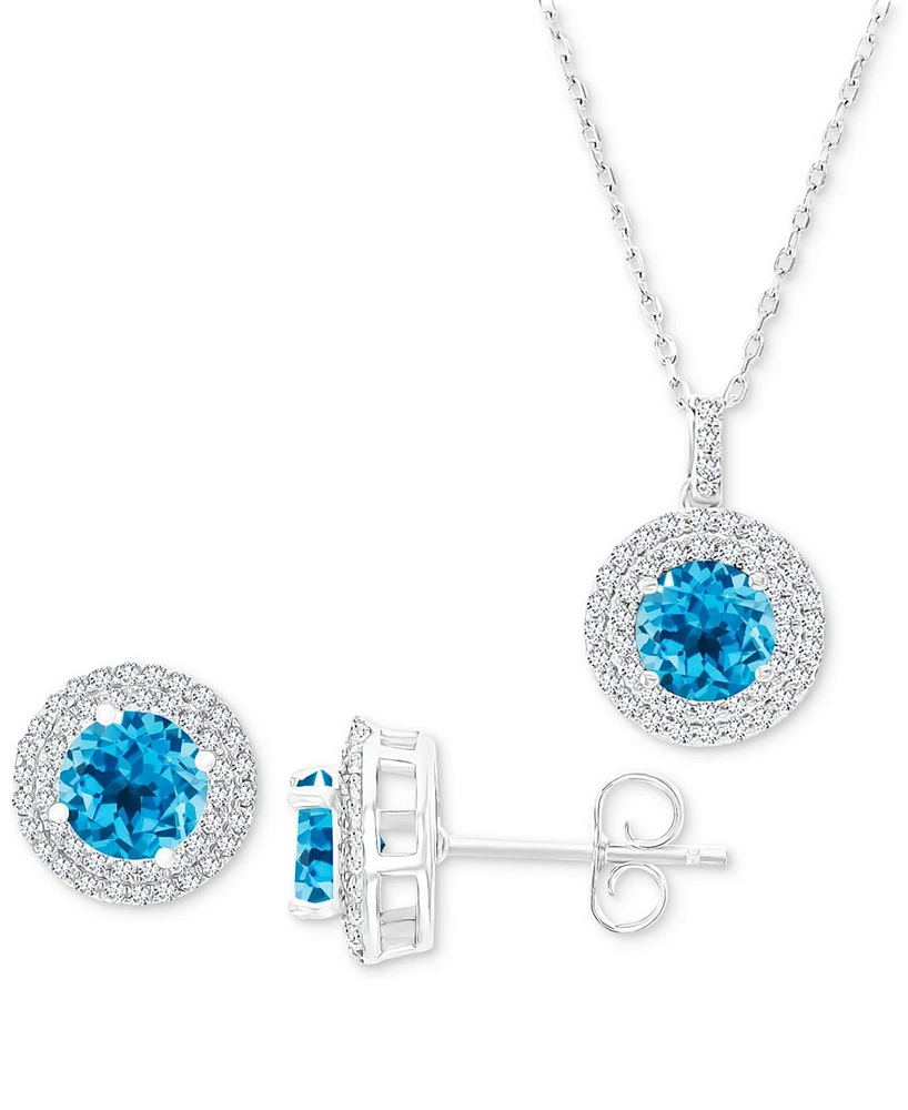 2-Pc. Set Swiss Blue Topaz (3-5/8 ct. t.w.) & Lab-Grown White Sapphire (1 ct. t.w.) Halo Pendant Necklace & Matching Stud Earrings in Sterling Silver