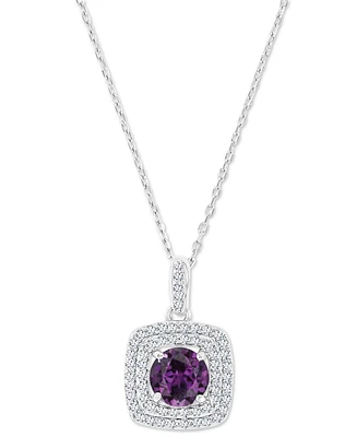 Amethyst (1-1/5 ct. t.w.) & Lab-Grown White Sapphire (1/3 Square Halo Birthstone Pendant Necklace Sterling Silver, 16" + 2" extender (Als